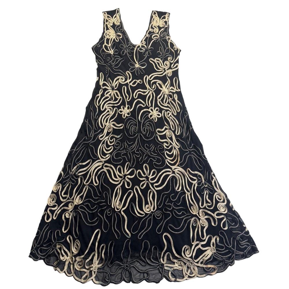 Cartise VTG Y2k‎ Retro Women's Black Gold Floral V Neck Midi Dress Whimsigoth